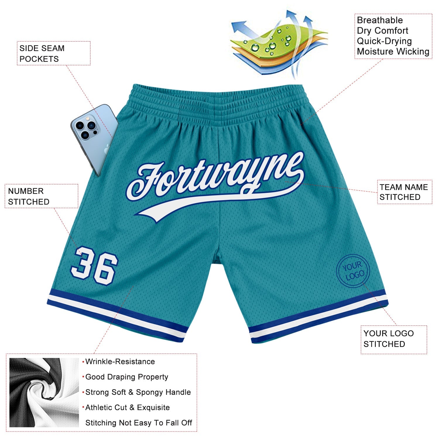 Custom Teal White-Royal Authentic Throwback Basketball Shorts view 2