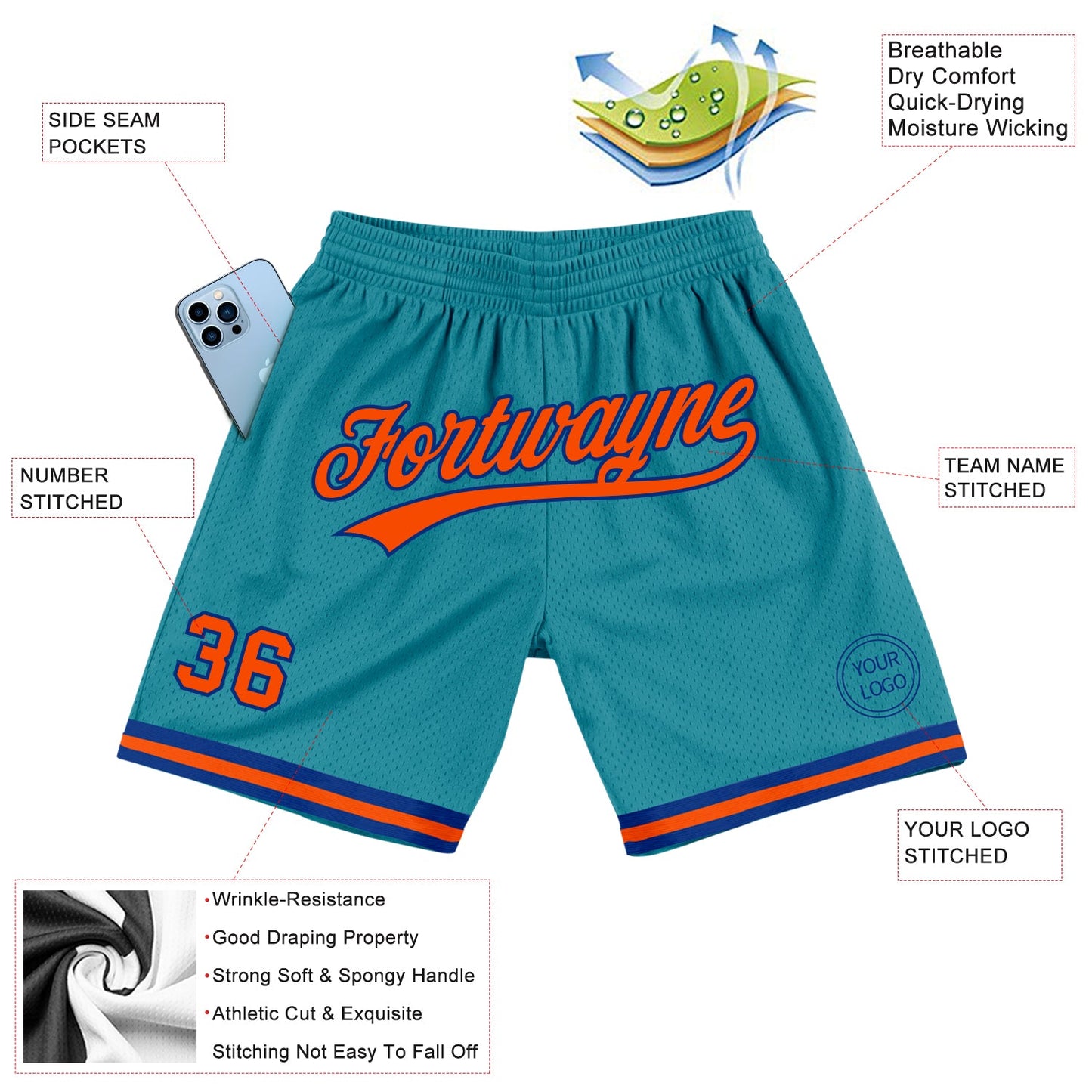 Custom Teal Orange-Royal Authentic Throwback Basketball Shorts view 2