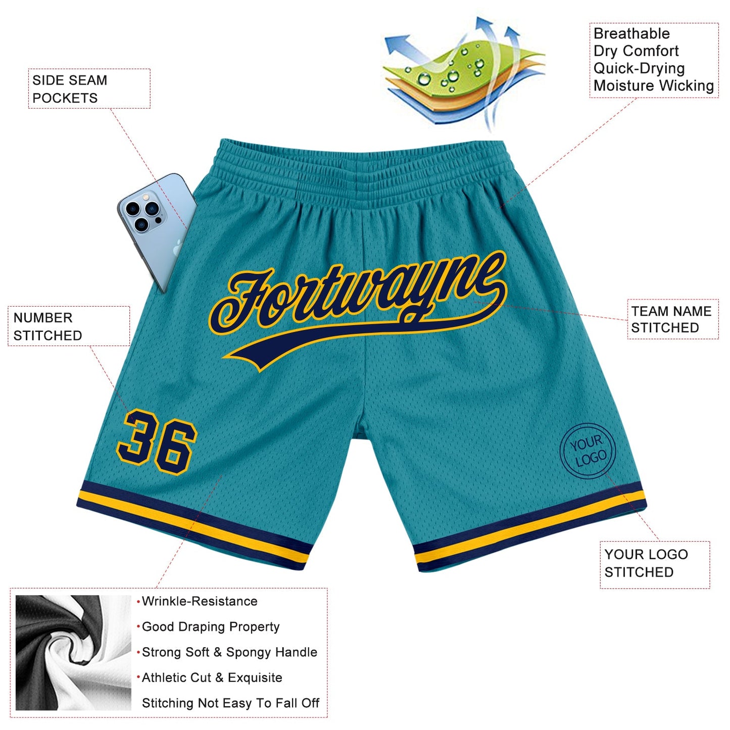 Custom Teal Navy-Gold Authentic Throwback Basketball Shorts view 2