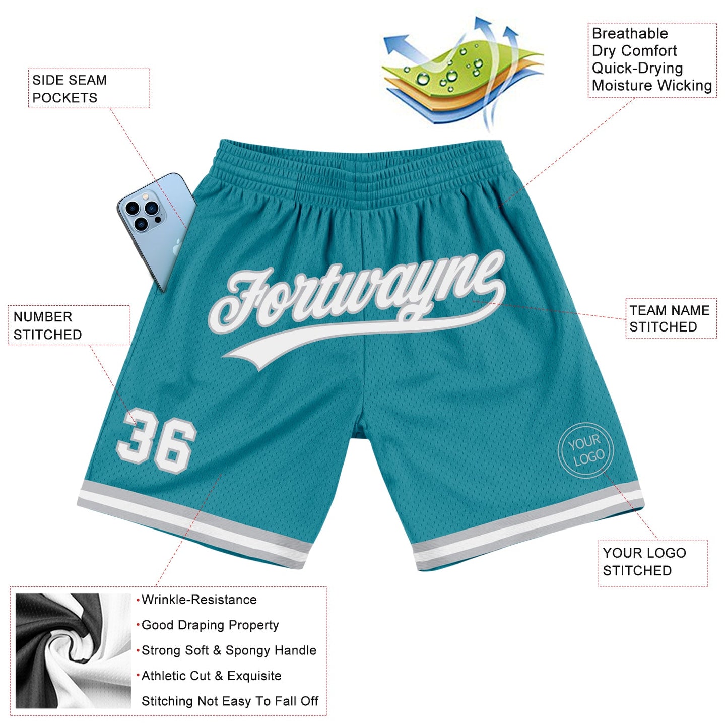 Custom Teal White-Gray Authentic Throwback Basketball Shorts view 2