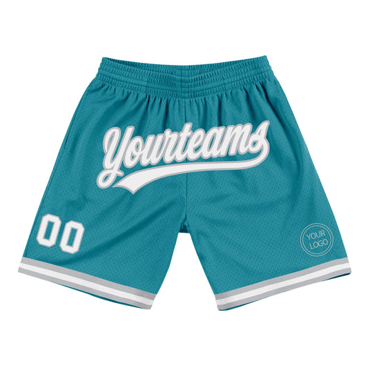 Custom Teal White-Gray Authentic Throwback Basketball Shorts - Main View