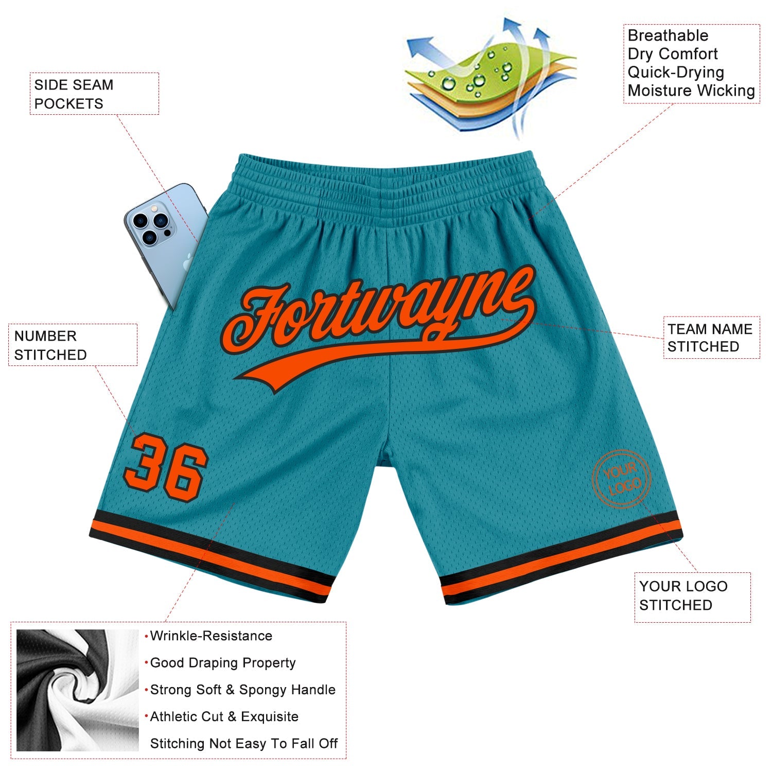 Custom Teal Orange-Black Authentic Throwback Basketball Shorts view 2