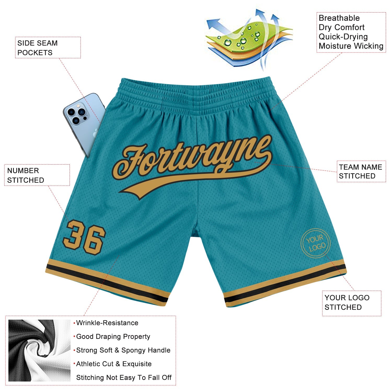 Custom Teal Old Gold-Black Authentic Throwback Basketball Shorts view 2