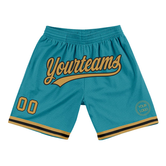 Custom Teal Old Gold-Black Authentic Throwback Basketball Shorts - Main View