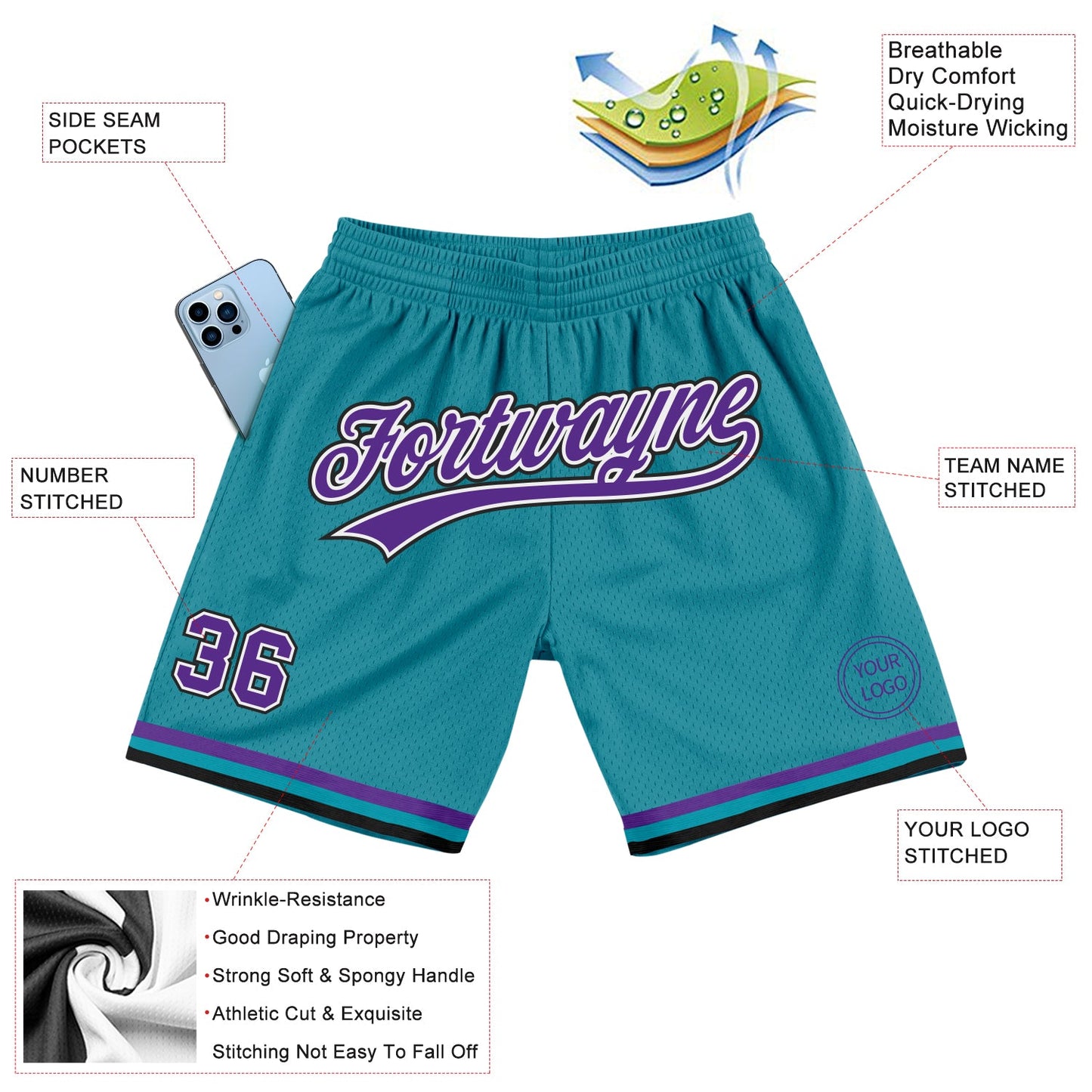 Custom Teal Purple-Black Authentic Throwback Basketball Shorts view 2