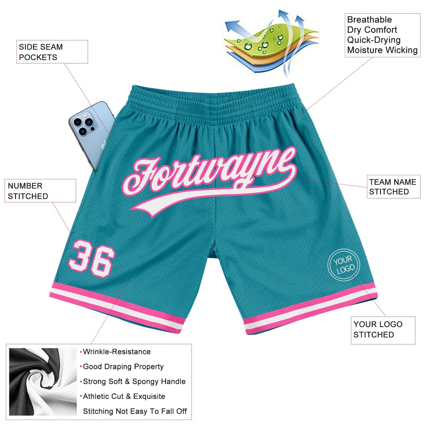 Custom Teal White-Pink Authentic Throwback Basketball Shorts view 2