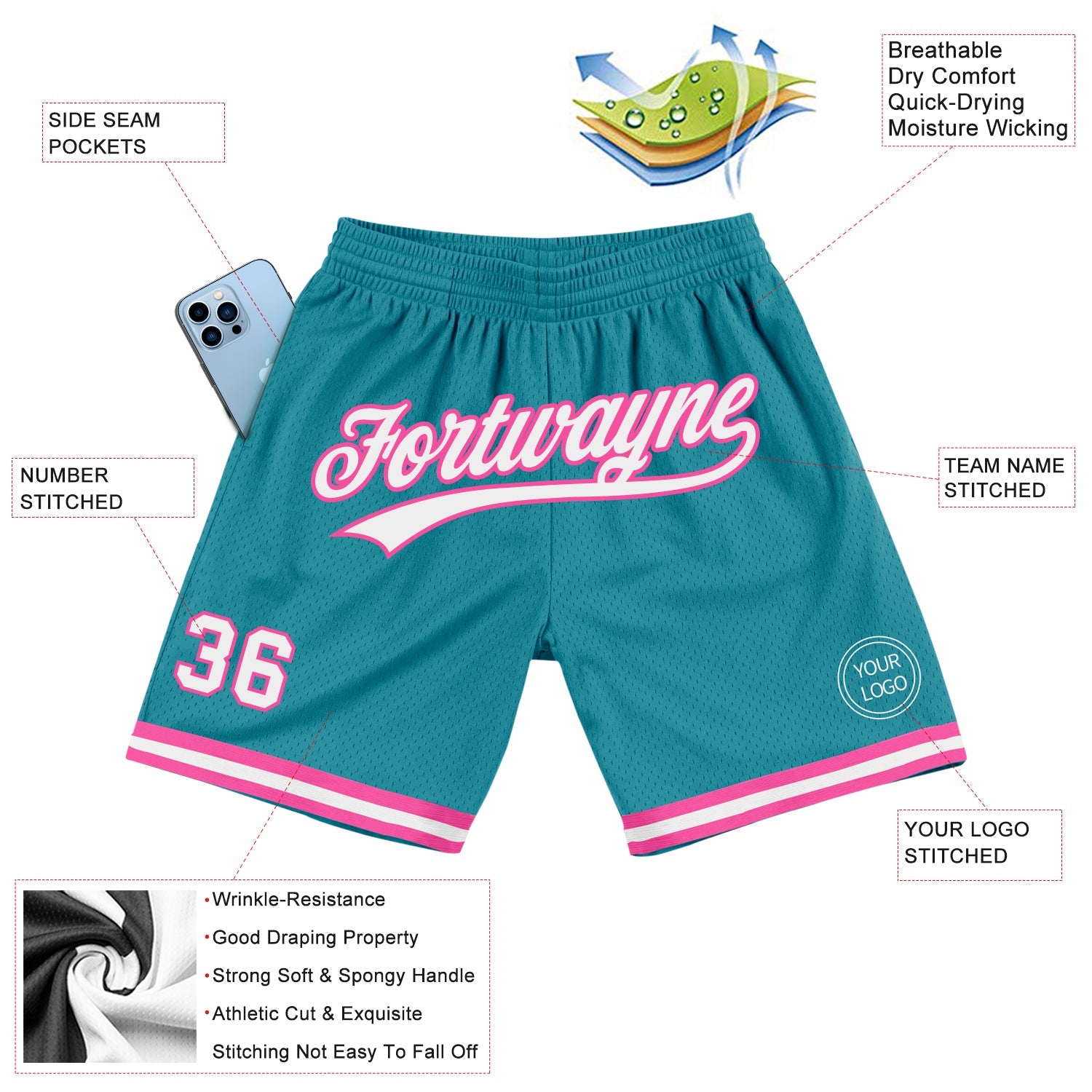 Custom Teal White-Pink Authentic Throwback Basketball Shorts view 2