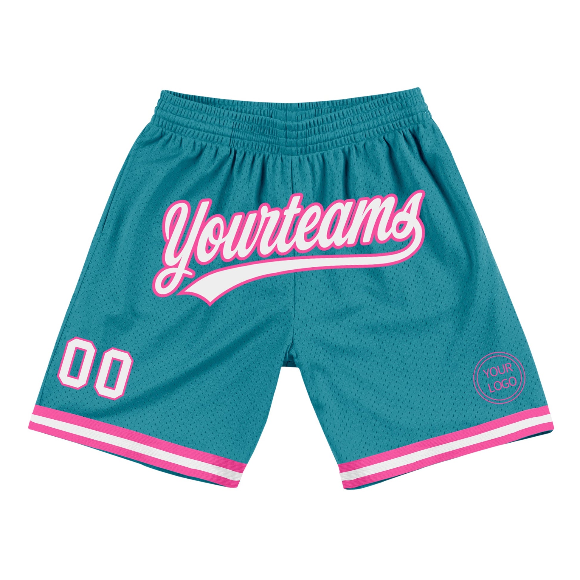 Custom Teal White-Pink Authentic Throwback Basketball Shorts - Main View