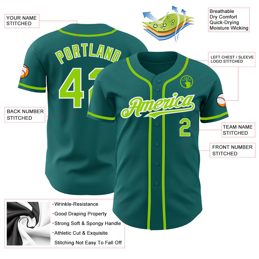 Custom Teal Neon Green-White Authentic Baseball Jersey view 3
