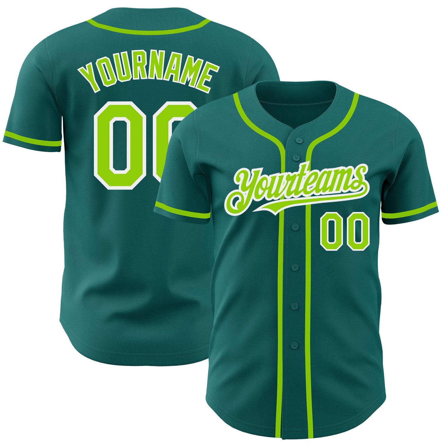 Custom Teal Neon Green-White Authentic Baseball Jersey - Main View