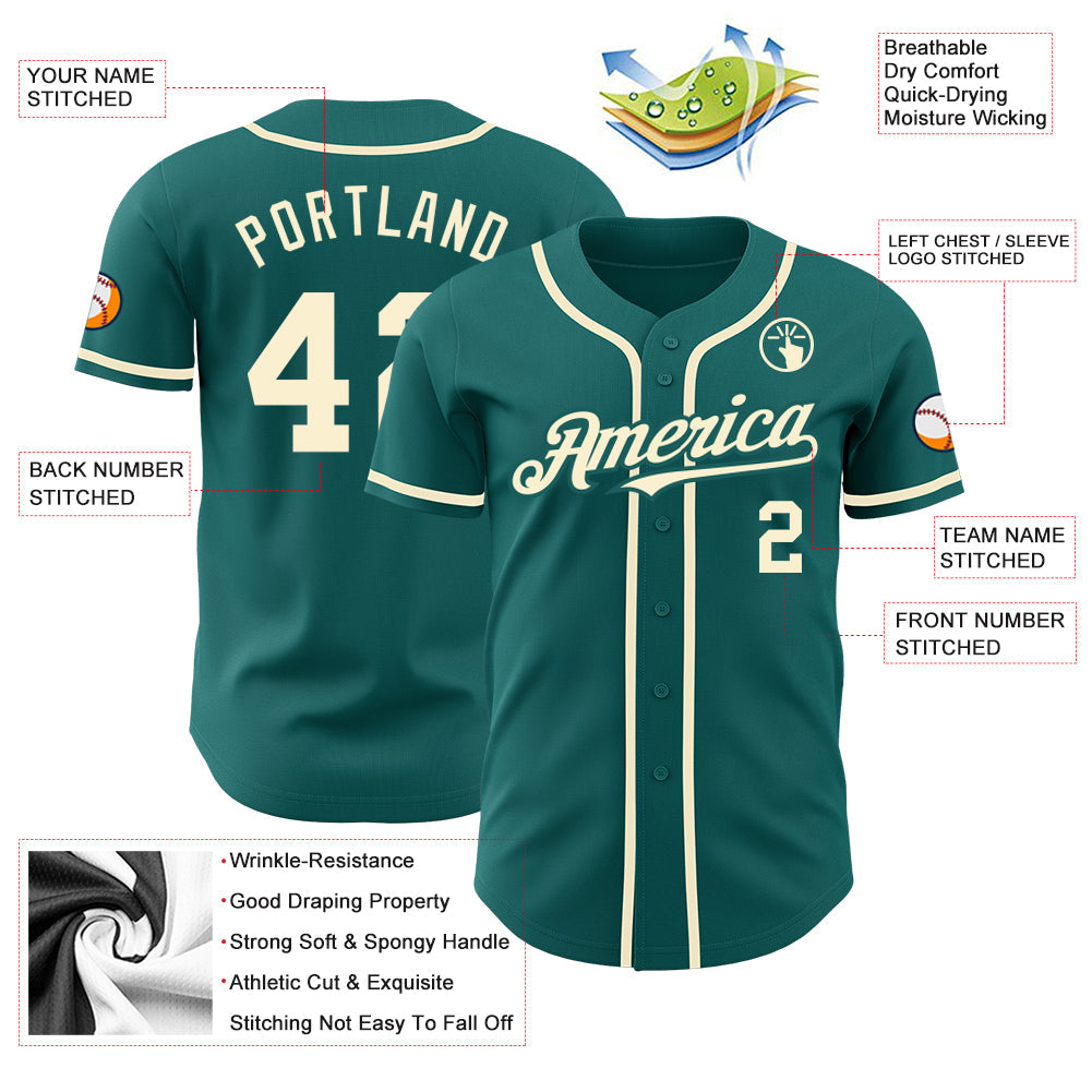 Custom Teal Cream Authentic Baseball Jersey view 3