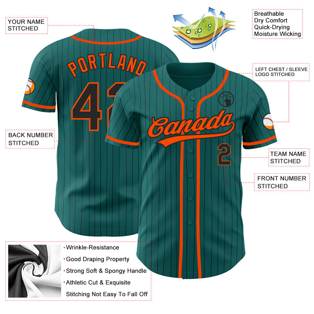 Custom Teal Black Pinstripe Orange Authentic Baseball Jersey view 3