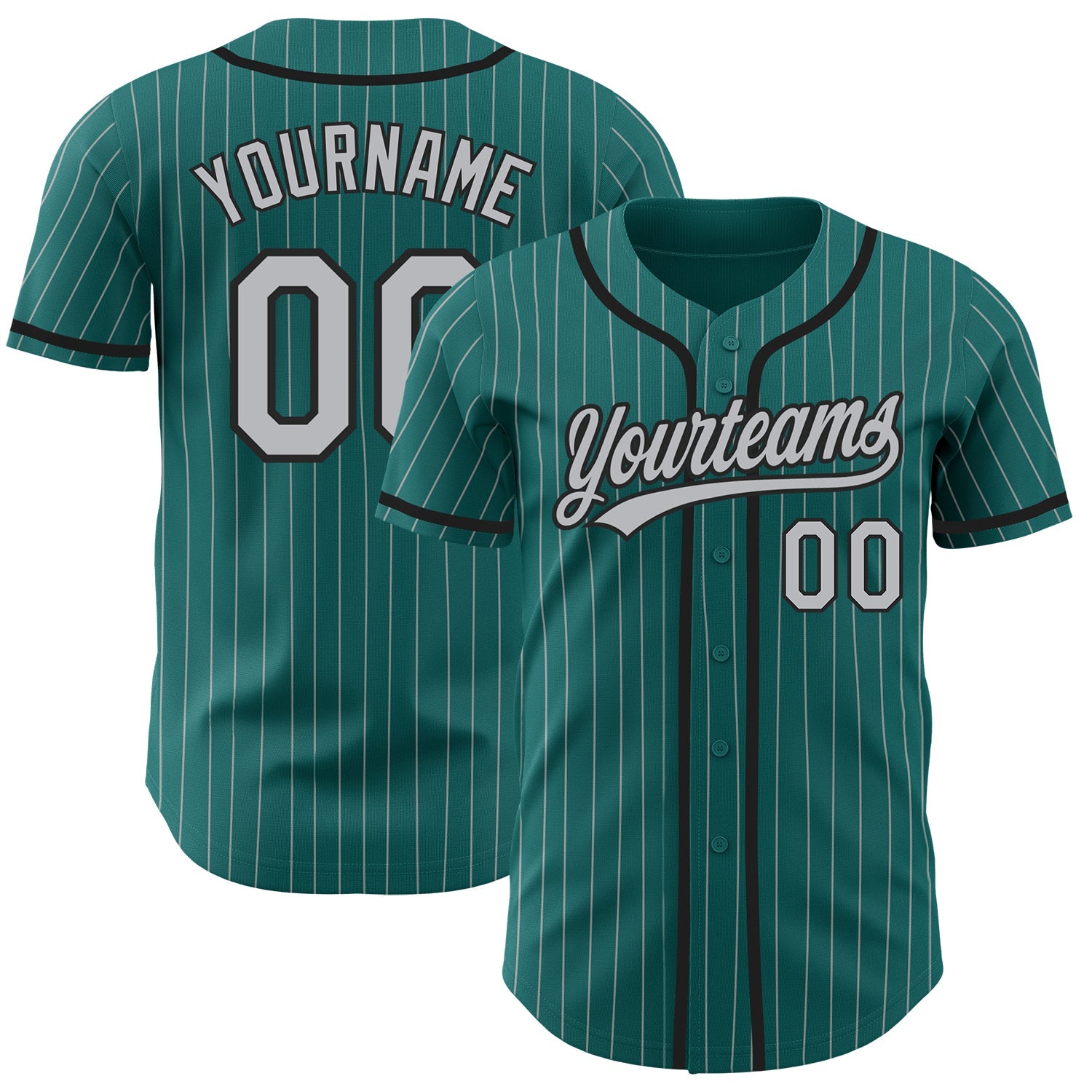 Custom Teal Gray Pinstripe Black Authentic Baseball Jersey - Main View