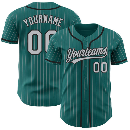 Custom Teal Gray Pinstripe Black Authentic Baseball Jersey - Main View