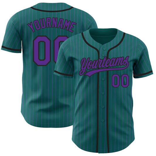 Custom Teal Purple Pinstripe Black Authentic Baseball Jersey - Main View