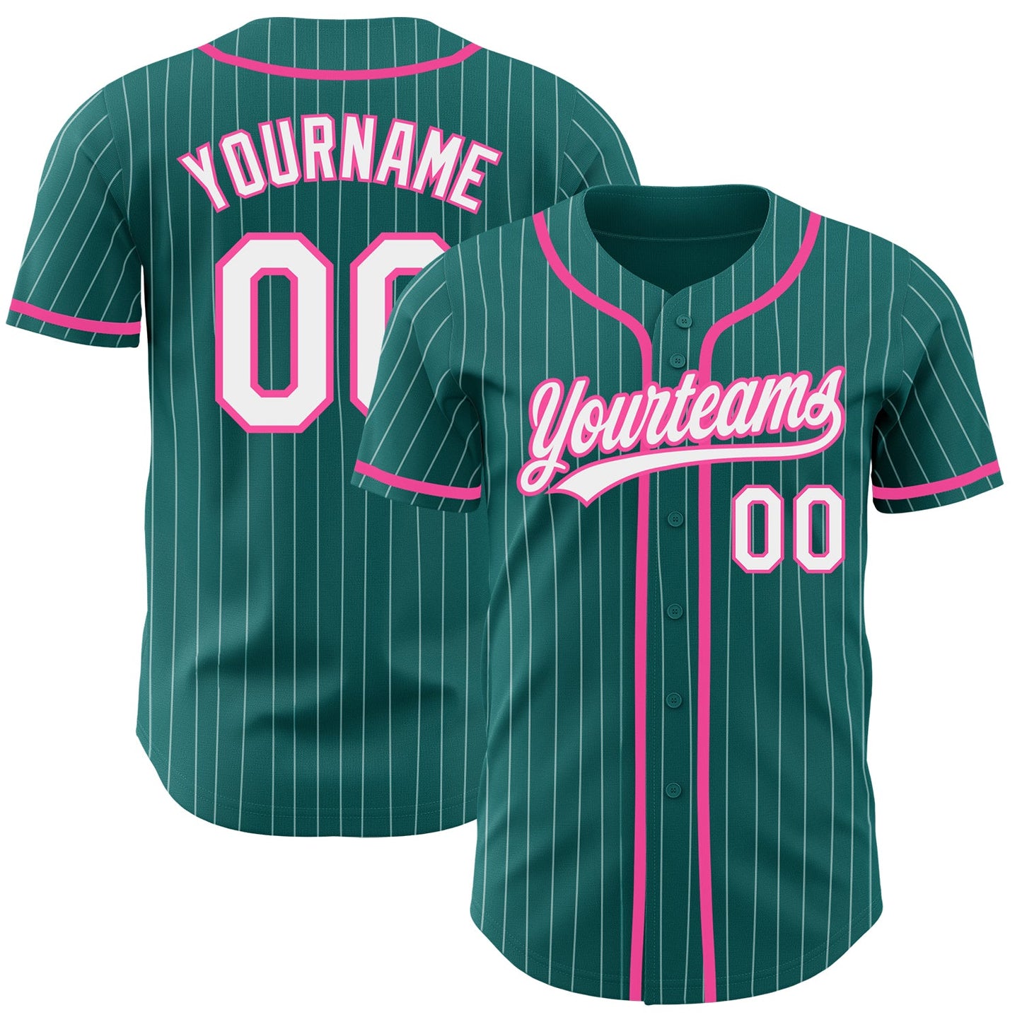 Custom Teal White Pinstripe Pink Authentic Baseball Jersey - Main View