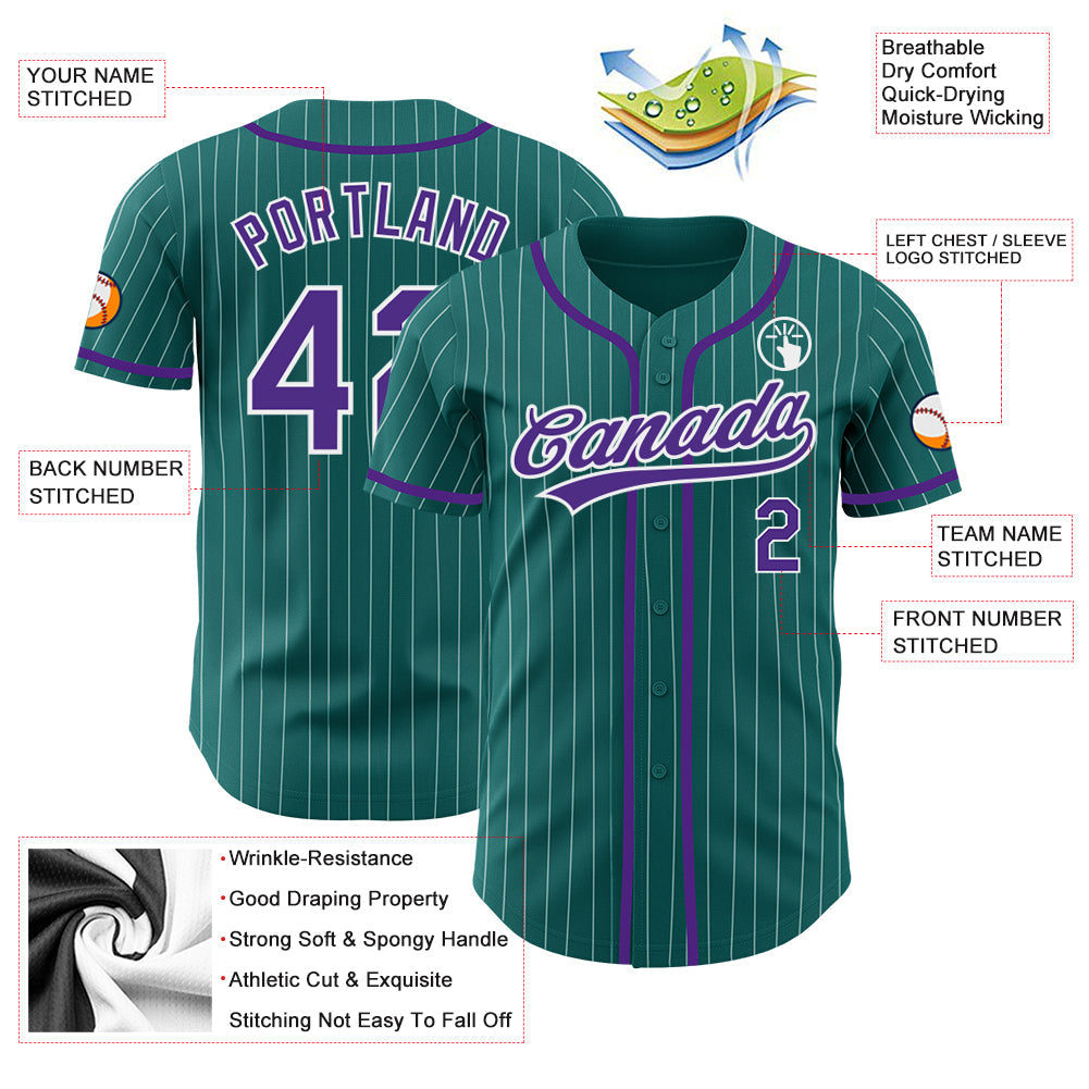 Custom Teal White Pinstripe Purple Authentic Baseball Jersey view 3