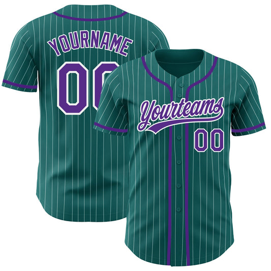 Custom Teal White Pinstripe Purple Authentic Baseball Jersey - Main View
