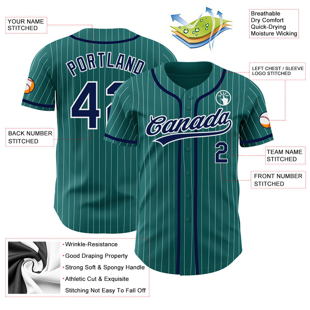 Custom Teal White Pinstripe Navy Authentic Baseball Jersey view 3
