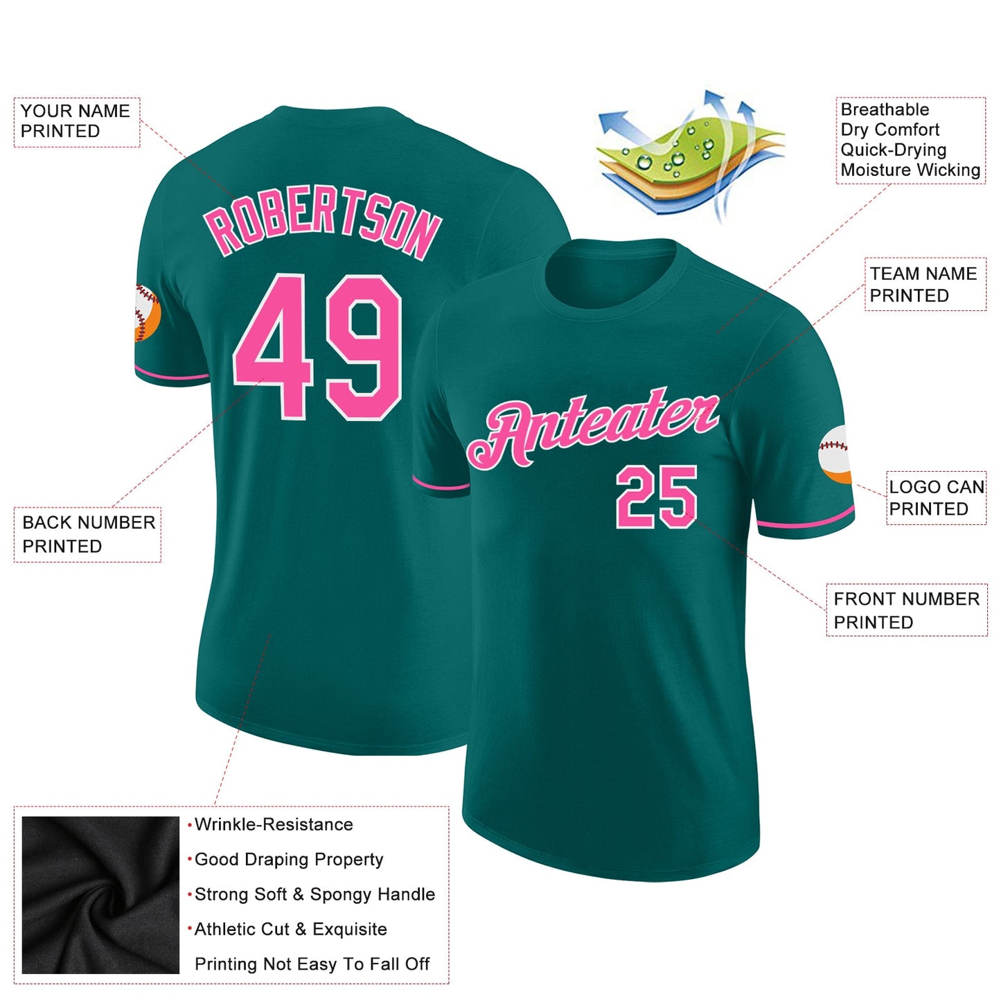 Custom Teal Pink-White Performance T-Shirt view 2