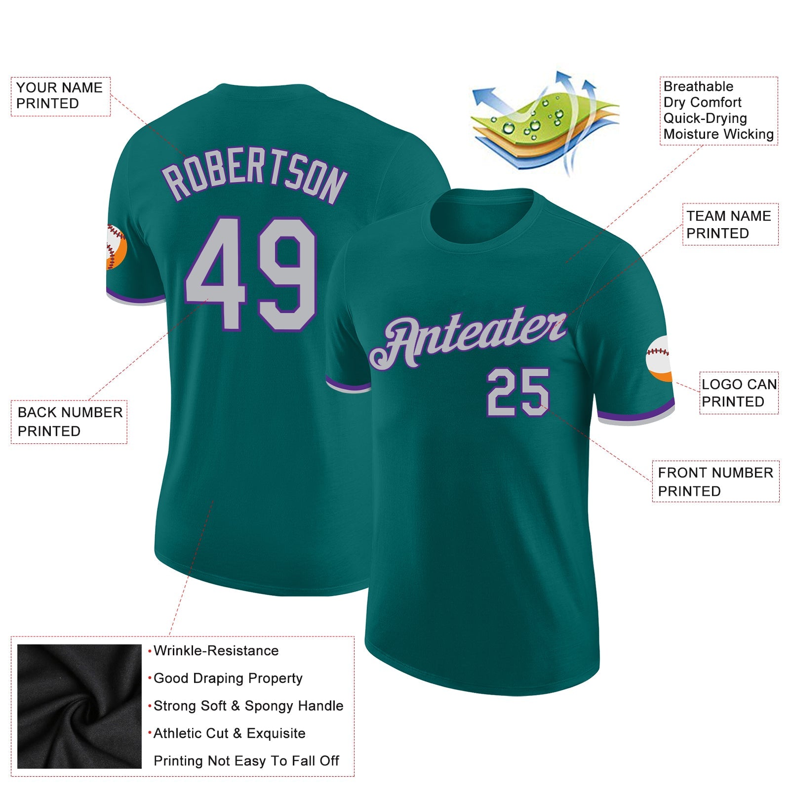 Custom Teal Gray-Purple Performance T-Shirt view 2