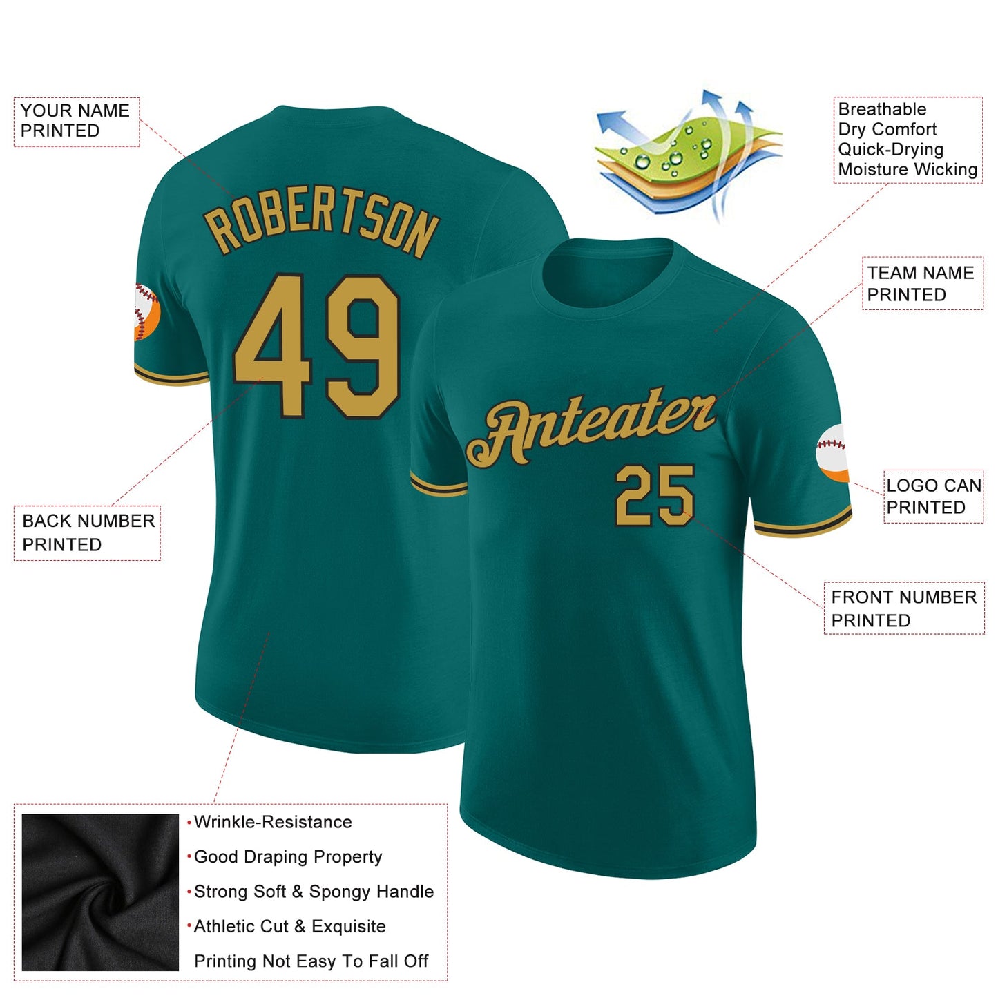 Custom Teal Old Gold-Black Performance T-Shirt view 2
