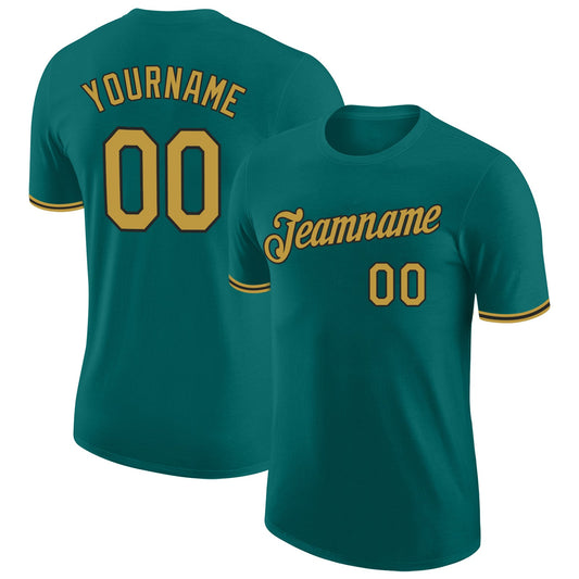 Custom Teal Old Gold-Black Performance T-Shirt - Main View