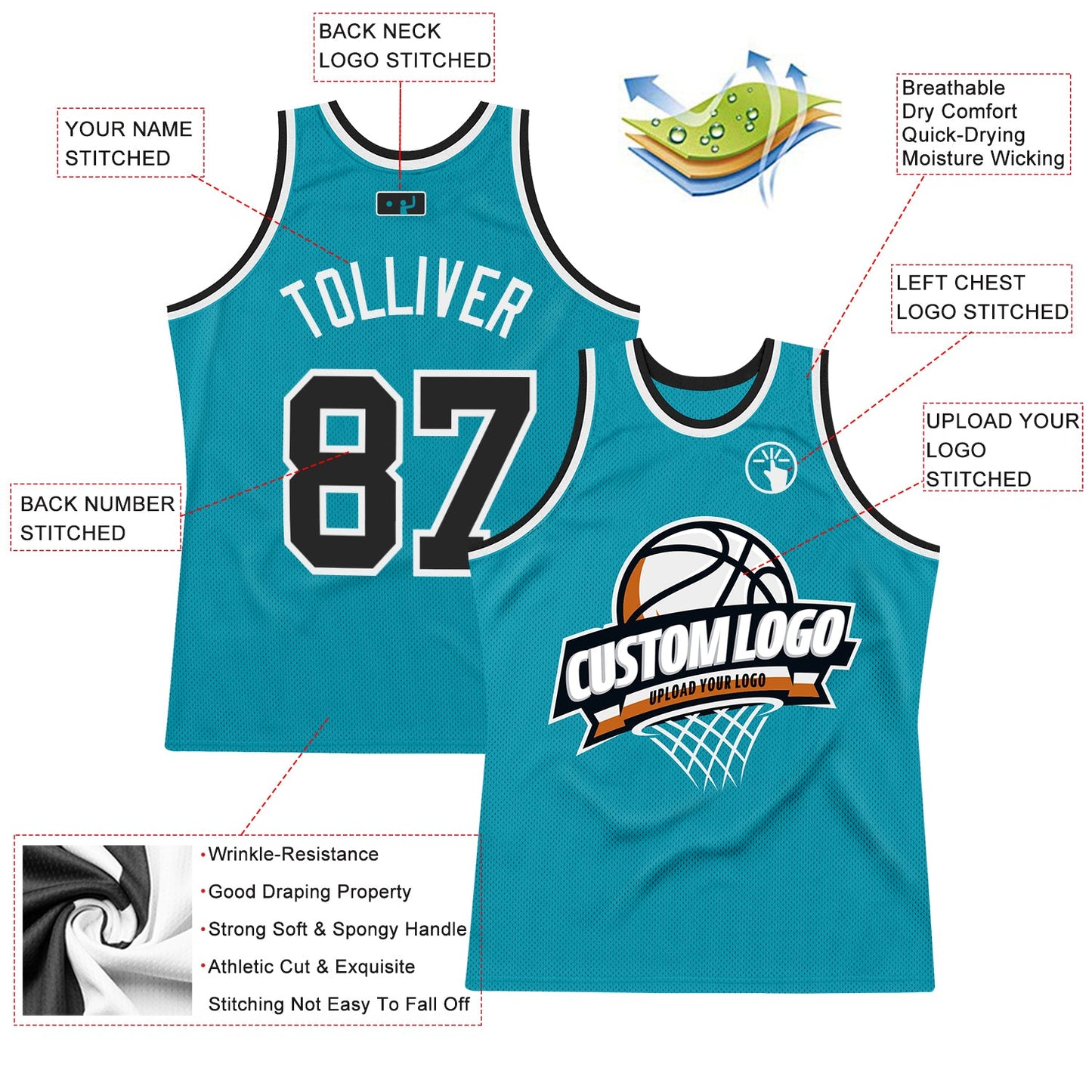 Custom Teal Black-White Authentic Throwback Basketball Jersey view 2
