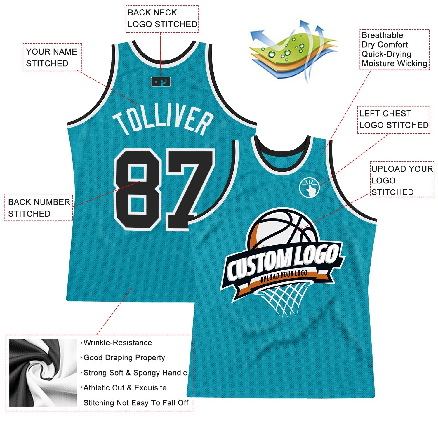 Custom Teal Black-White Authentic Throwback Basketball Jersey view 2
