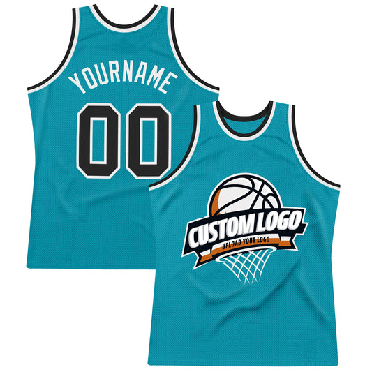 Custom Teal Black-White Authentic Throwback Basketball Jersey - Main View
