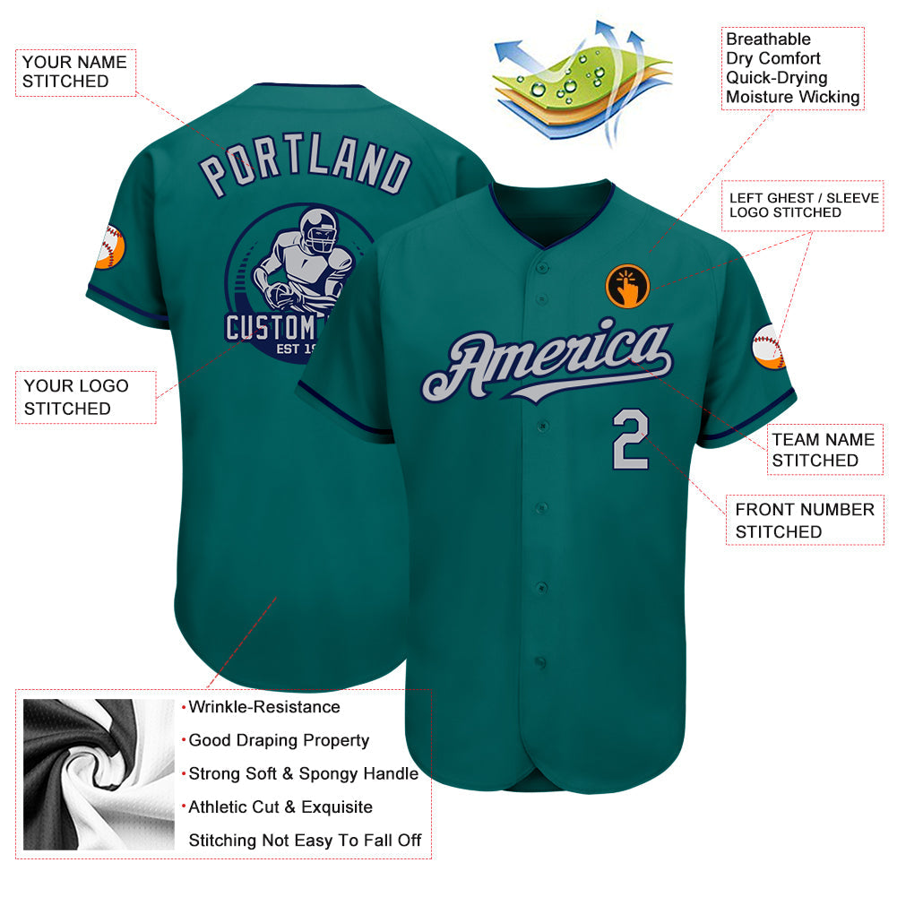Custom Teal Gray-Navy Authentic Baseball Jersey view 3