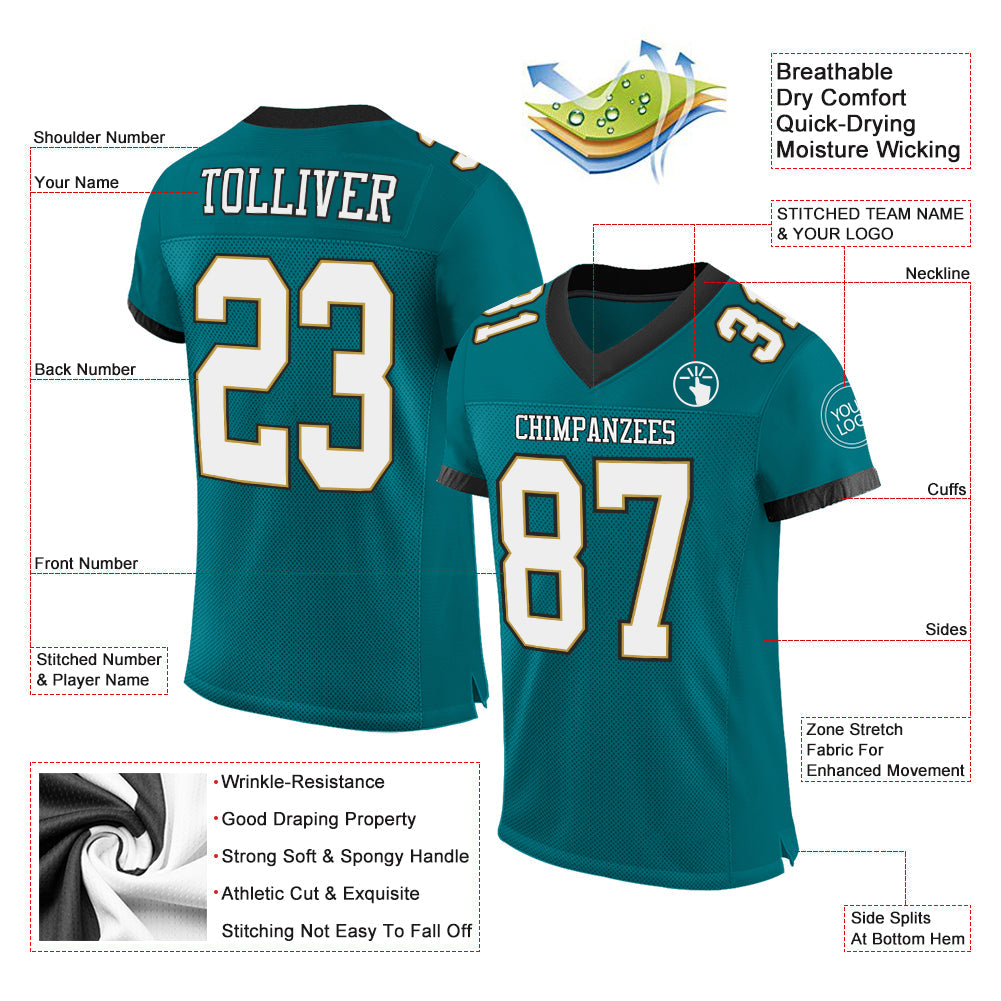 Custom Teal White Old Gold-Black Mesh Authentic Football Jersey view 2