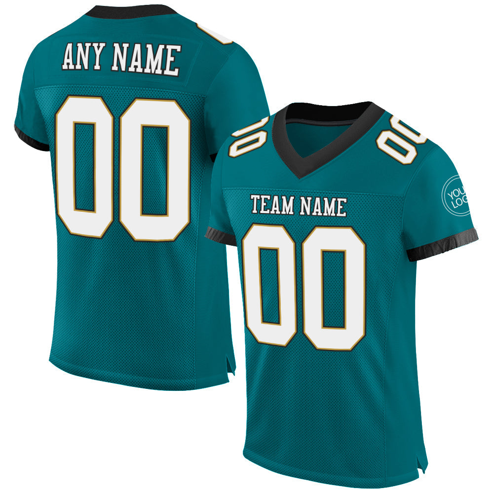 Custom Teal White Old Gold-Black Mesh Authentic Football Jersey - Main View