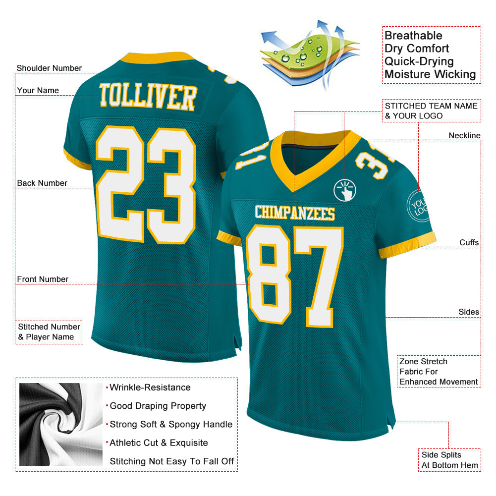 Custom Teal White-Gold Mesh Authentic Football Jersey view 2