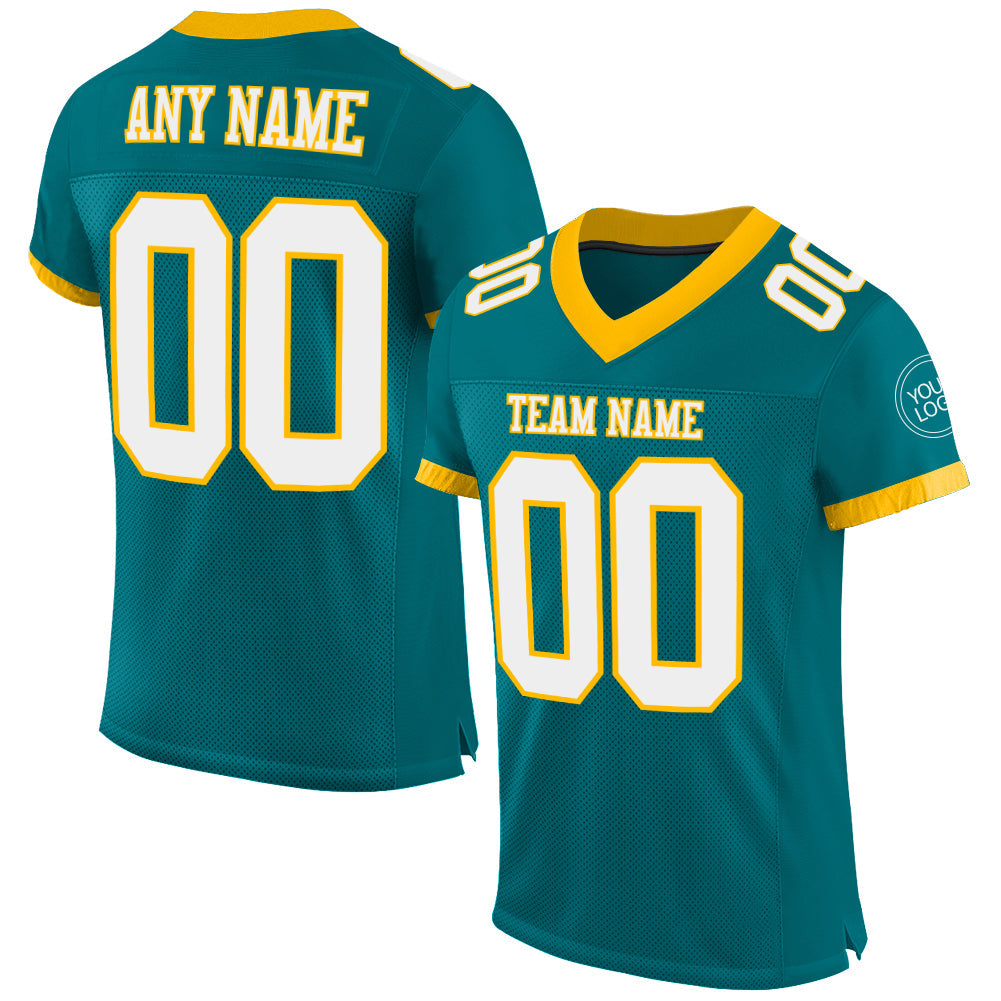 Custom Teal White-Gold Mesh Authentic Football Jersey - Main View