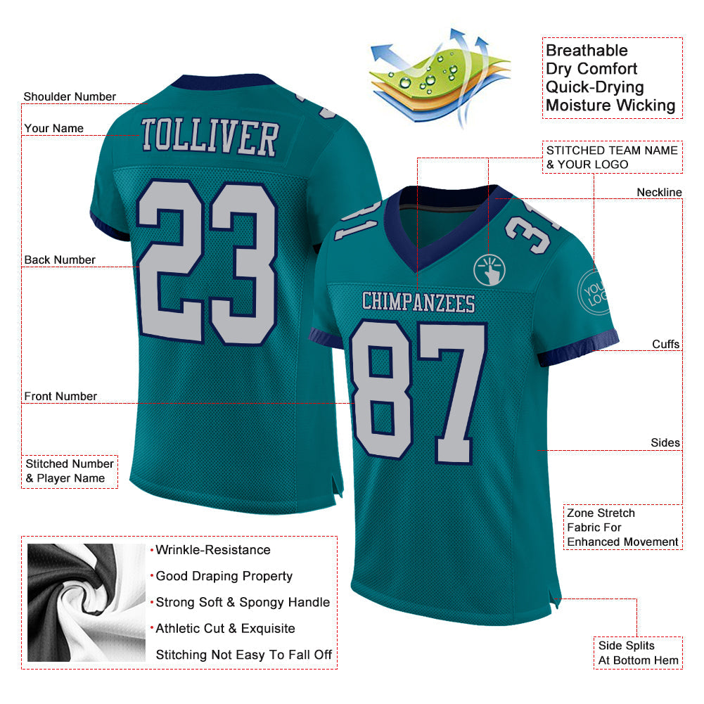 Custom Teal Gray-Navy Mesh Authentic Football Jersey view 2