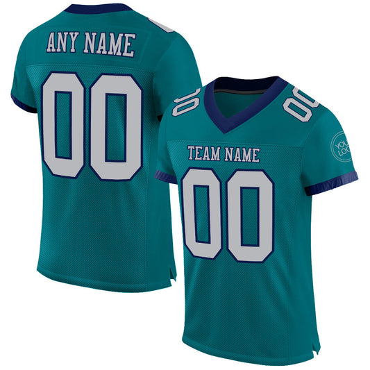 Custom Teal Gray-Navy Mesh Authentic Football Jersey - Main View