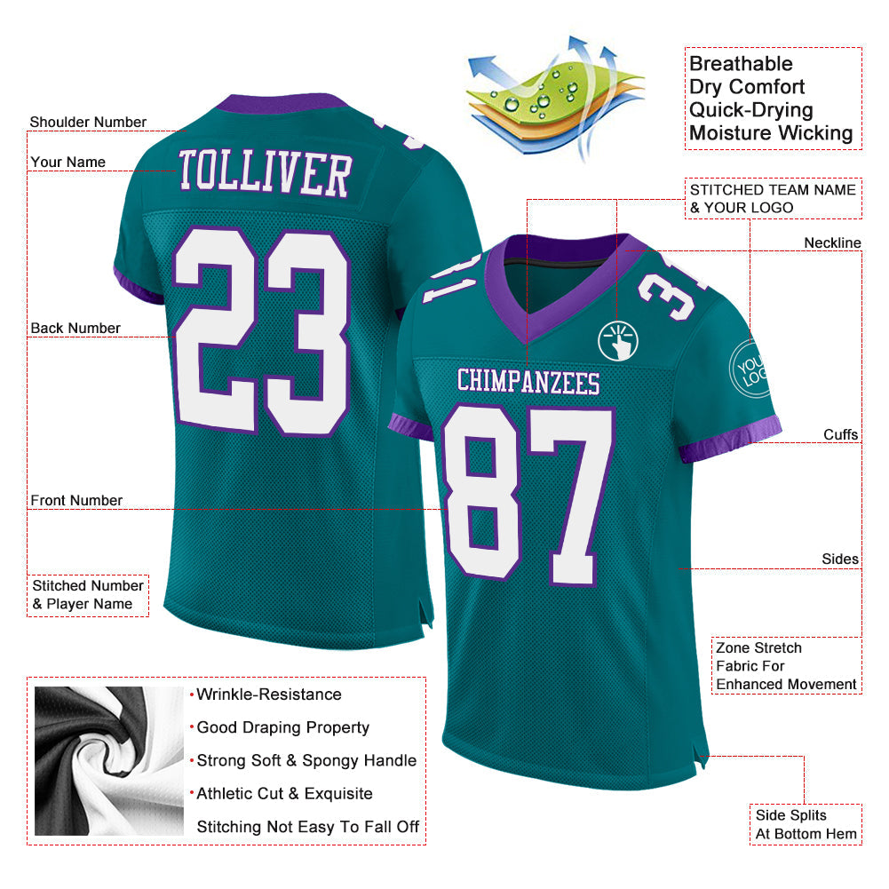 Custom Teal White-Purple Mesh Authentic Football Jersey view 2