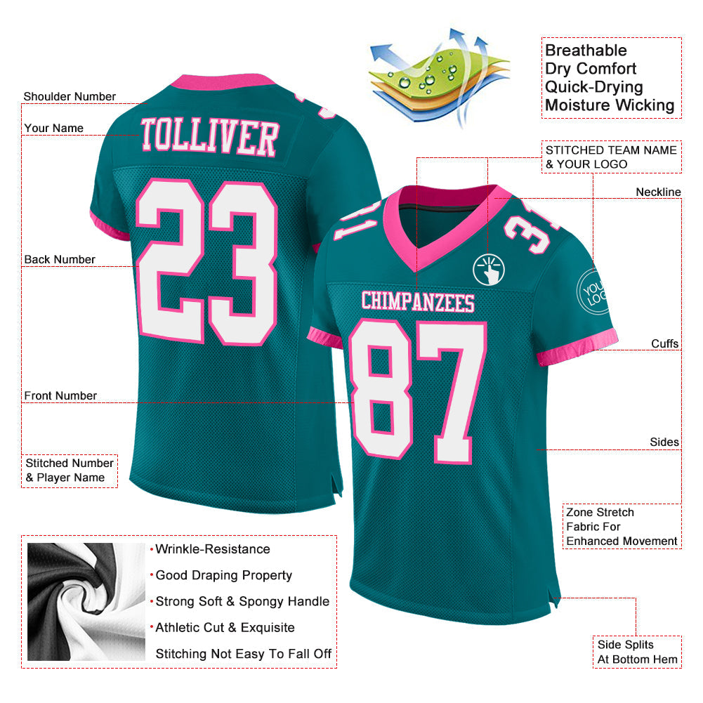 Custom Teal White-Pink Mesh Authentic Football Jersey view 2
