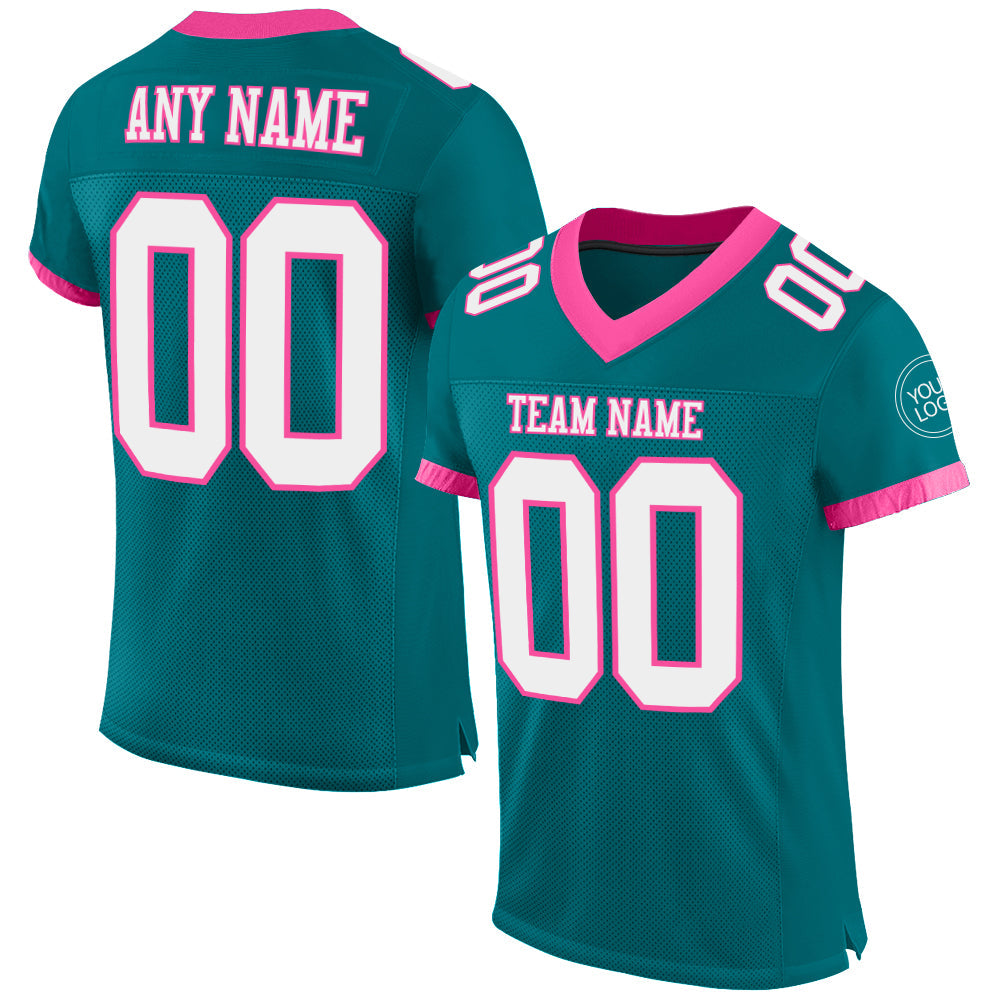 Custom Teal White-Pink Mesh Authentic Football Jersey - Main View