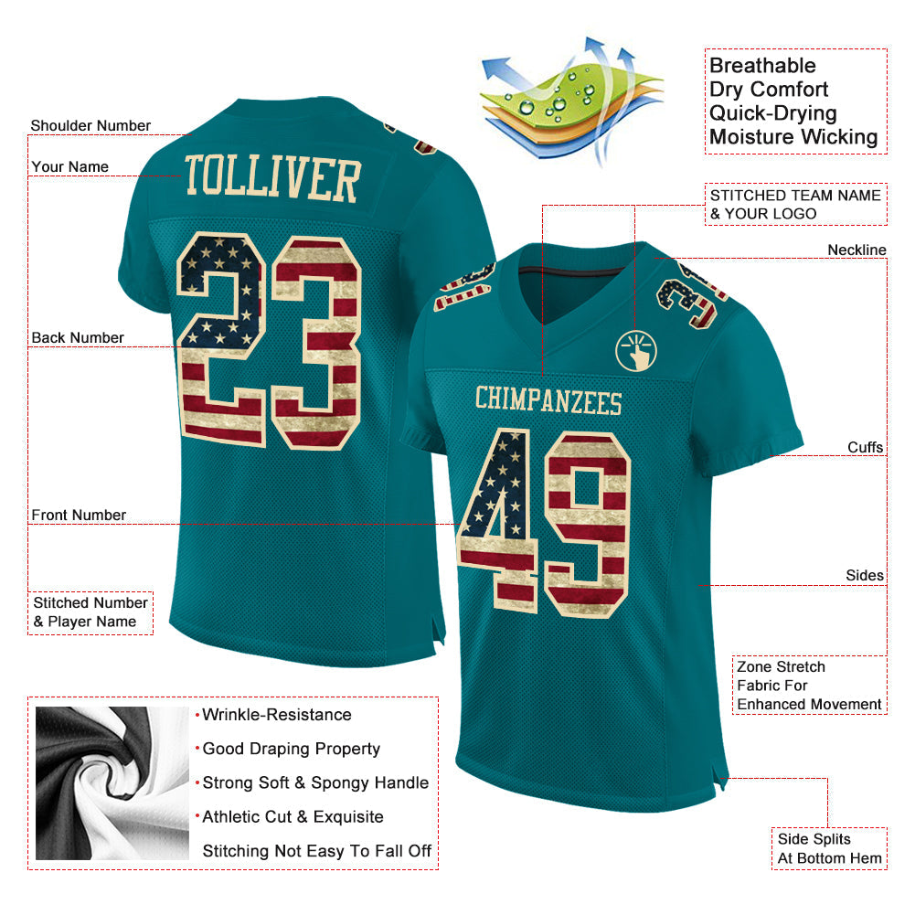 Custom Teal Vintage USA Flag-City Cream Mesh Authentic Football Jersey view 2