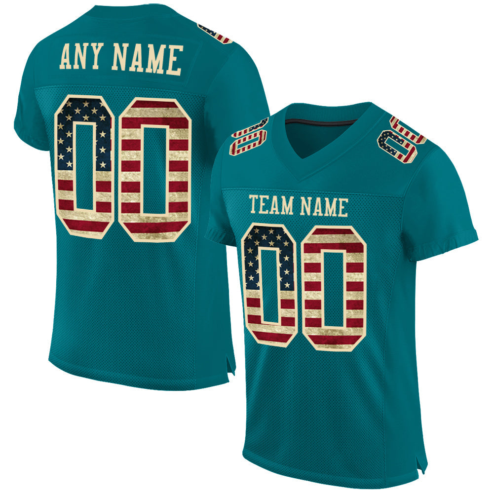 Custom Teal Vintage USA Flag-City Cream Mesh Authentic Football Jersey - Main View