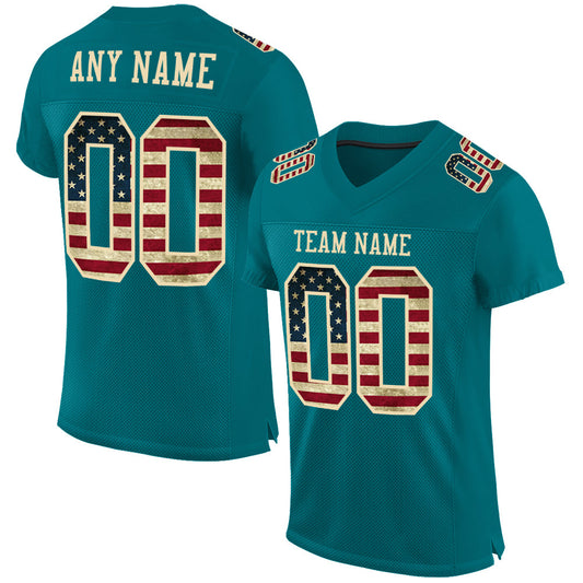 Custom Teal Vintage USA Flag-City Cream Mesh Authentic Football Jersey - Main View
