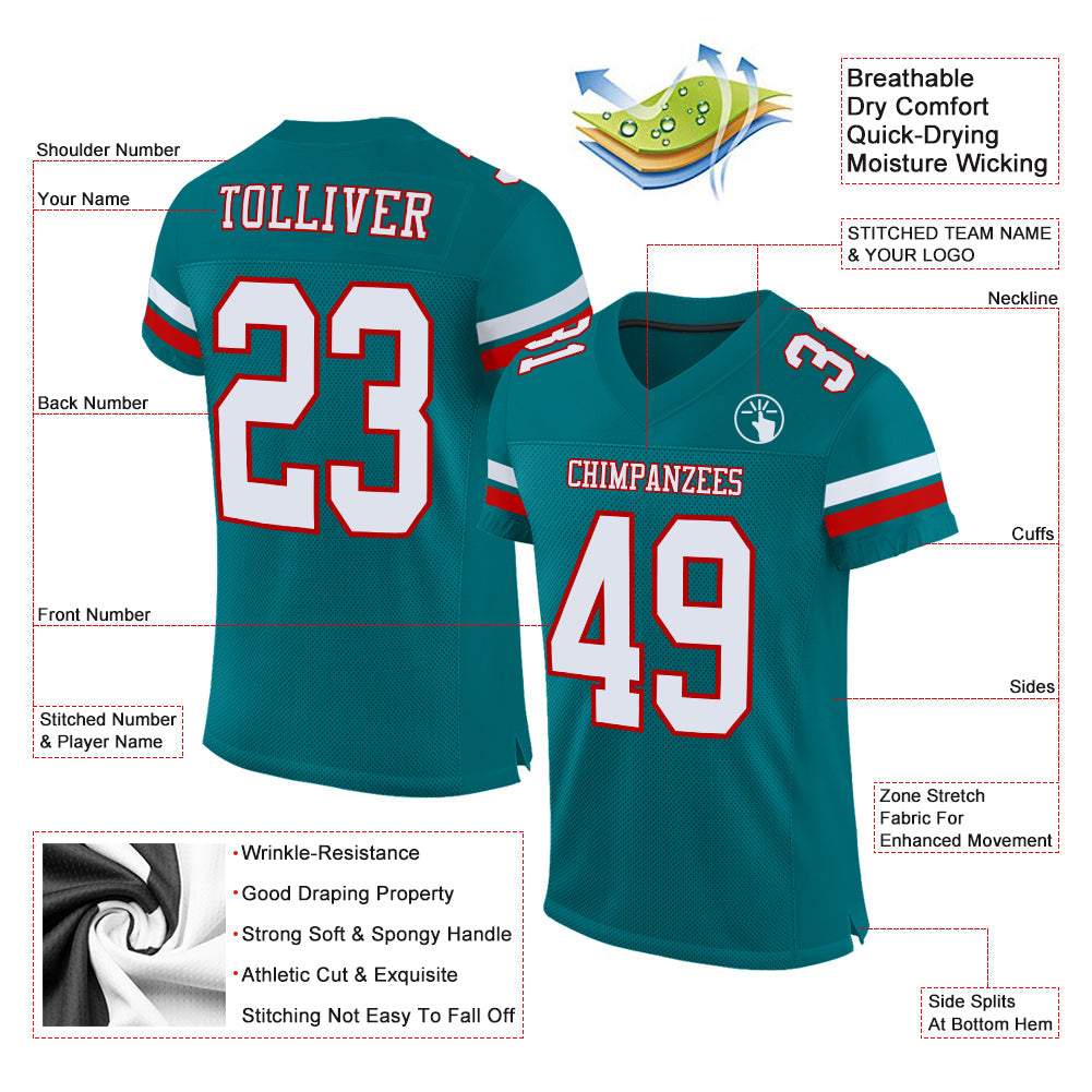Custom Teal White-Red Mesh Authentic Football Jersey view 2