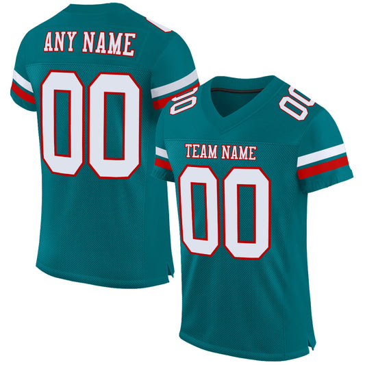 Custom Teal White-Red Mesh Authentic Football Jersey - Main View
