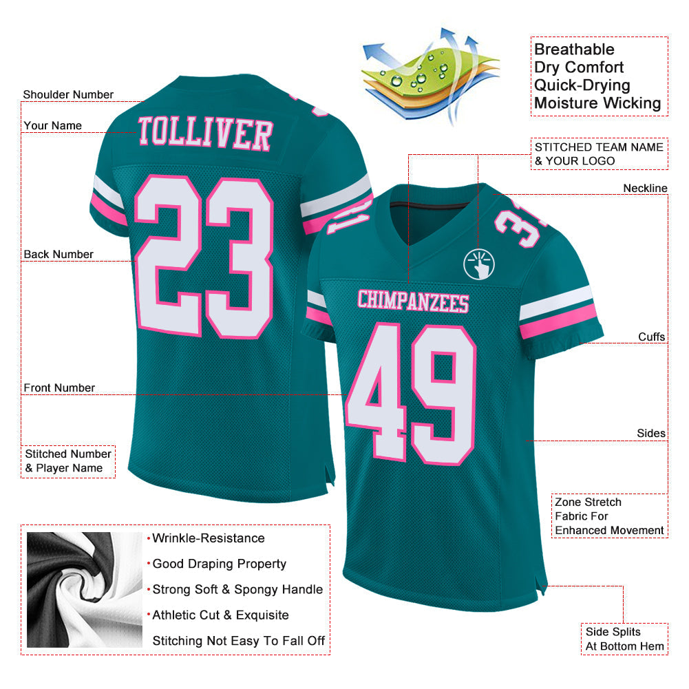 Custom Teal White-Pink Mesh Authentic Football Jersey view 2