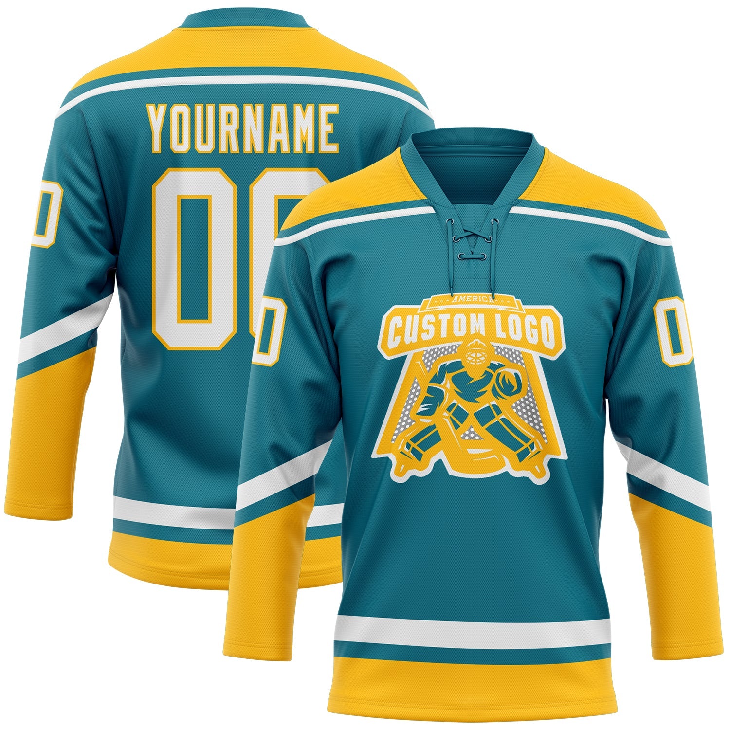 Custom Teal White-Gold Hockey Lace Neck Jersey view 2