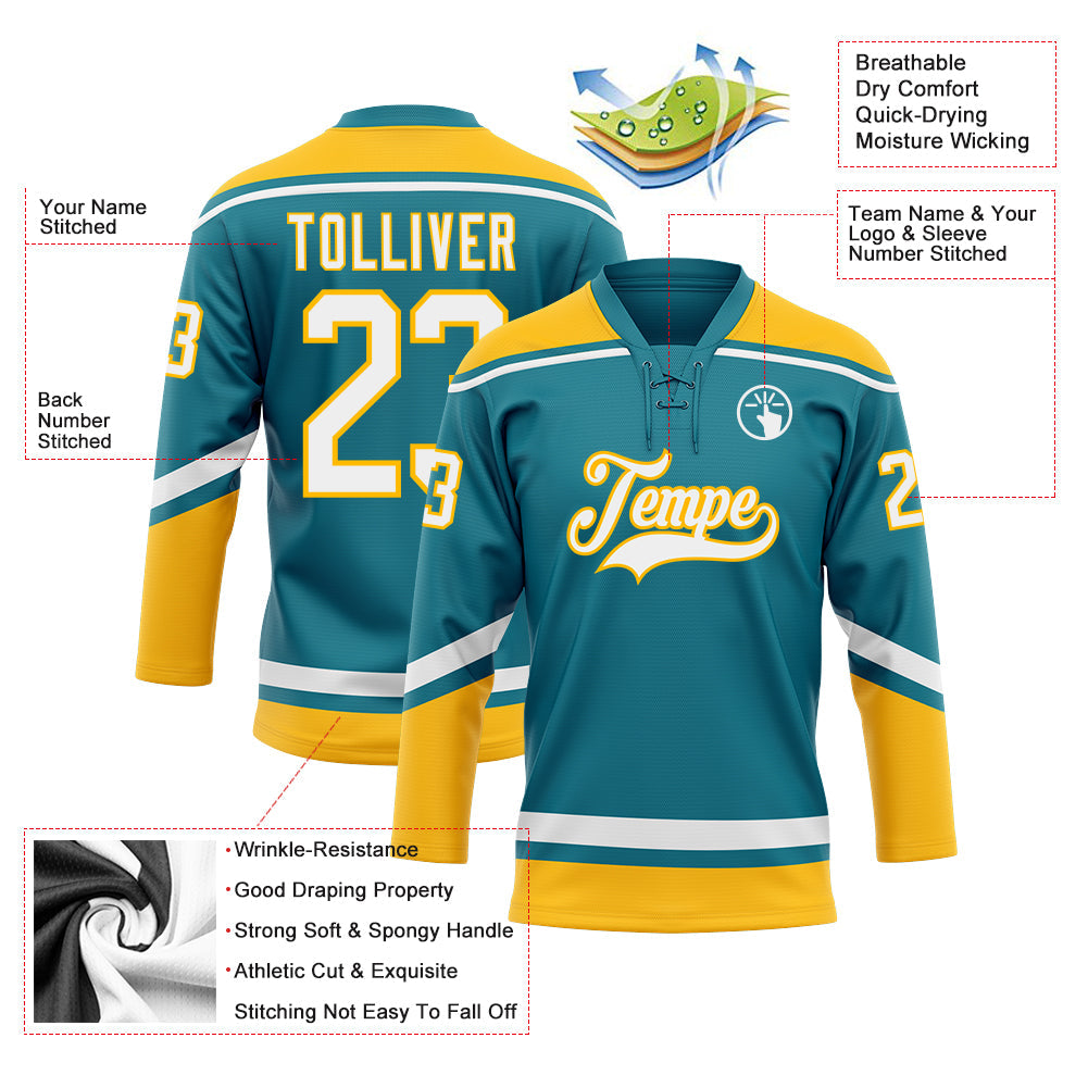 Custom Teal White-Gold Hockey Lace Neck Jersey view 3