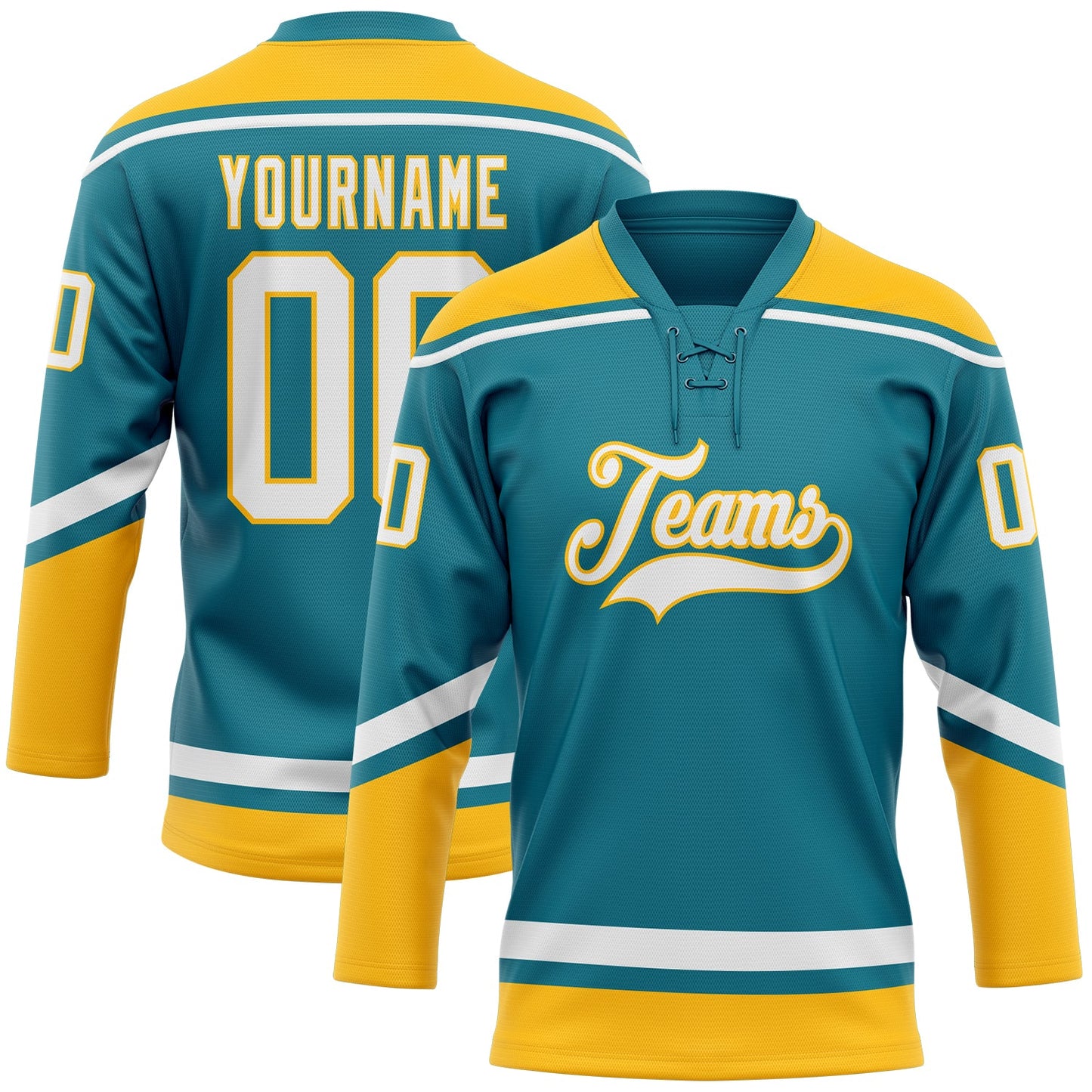 Custom Teal White-Gold Hockey Lace Neck Jersey - Main View