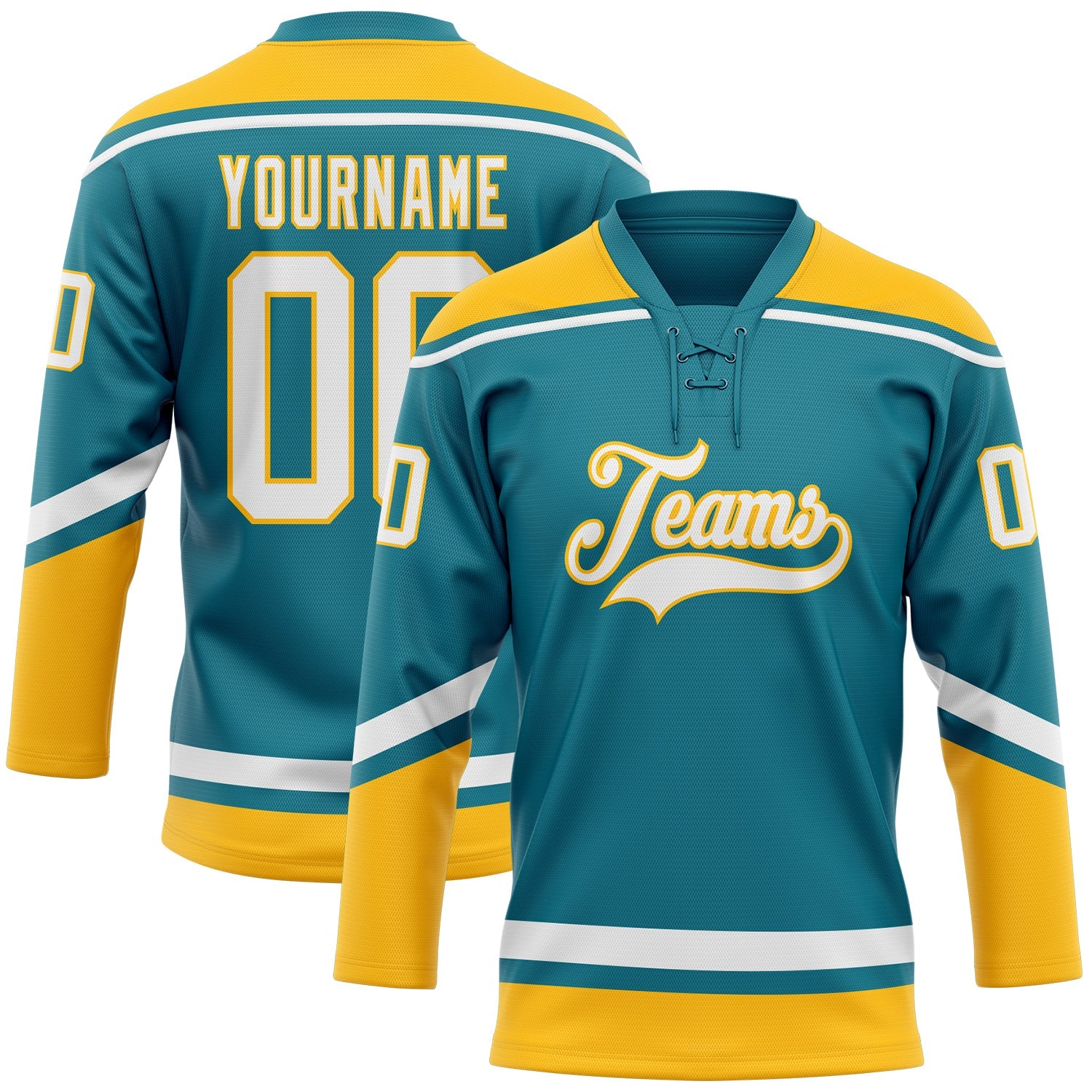 Custom Teal White-Gold Hockey Lace Neck Jersey - Main View